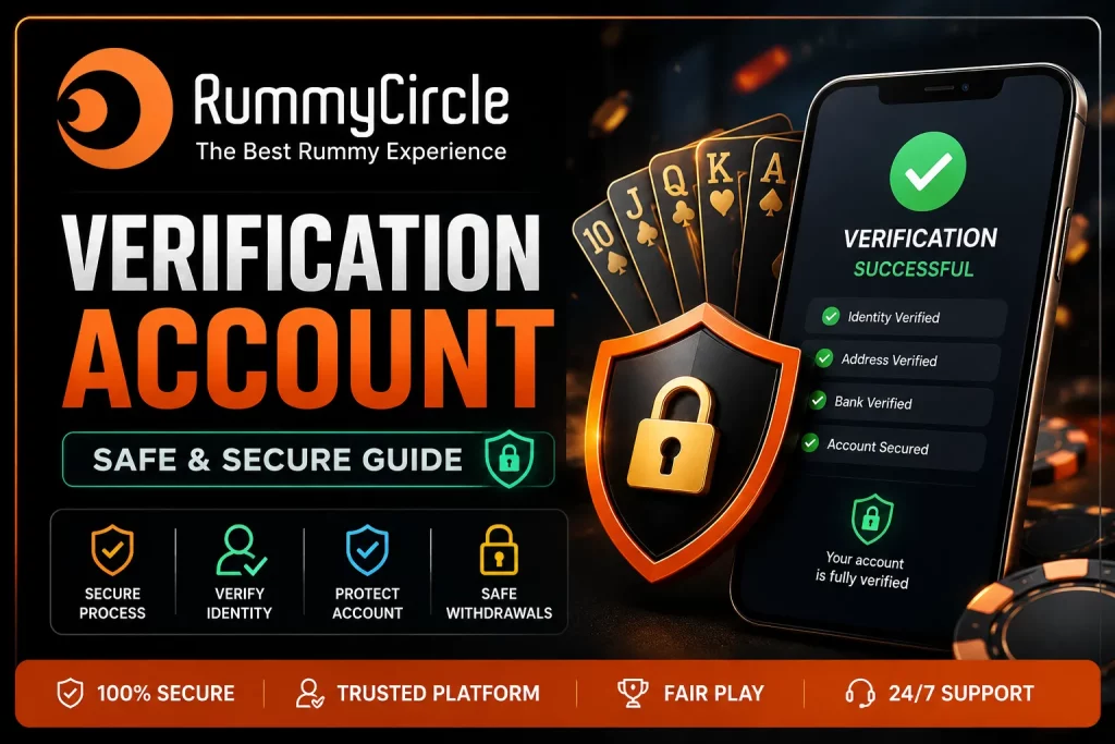Rummy Circle verification account banner with secure ID check, verified mobile account, lock shield, rummy cards, and safe withdrawal icons.