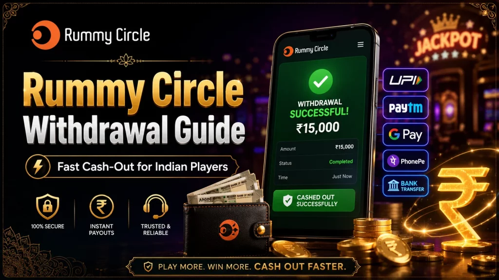 Rummy Circle Withdrawal Guide banner with mobile cash-out screen, UPI, Paytm, Google Pay, PhonePe and bank transfer icons, rupee coins, wallet, and fast payout message for Indian players.
