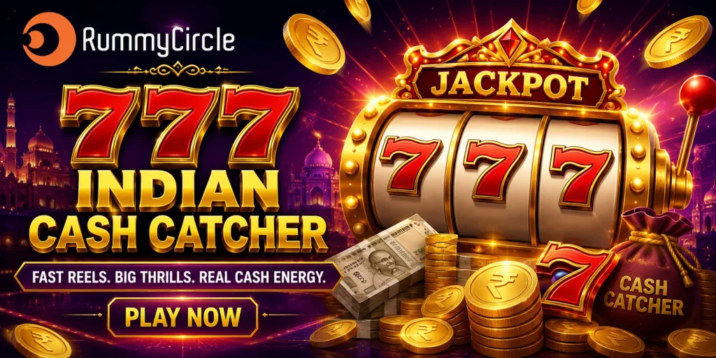 Rectangular Rummy Circle banner for 777 Indian Cash Catcher with golden slot machine, rupee coins, jackpot lights, Indian-inspired background, and Play Now call-to-action.