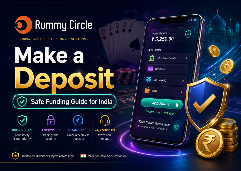 Rummy Circle Make a Deposit banner with mobile add funds screen, rupee coins, payment options, security shield, cards, and safe funding guide message for Indian players.